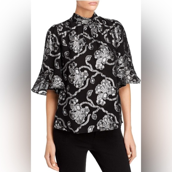 Rebecca Taylor Silk Blend Black Silver Lurex Metallic Bell Sleeve Blouse Size 8 - Picture 1 of 17